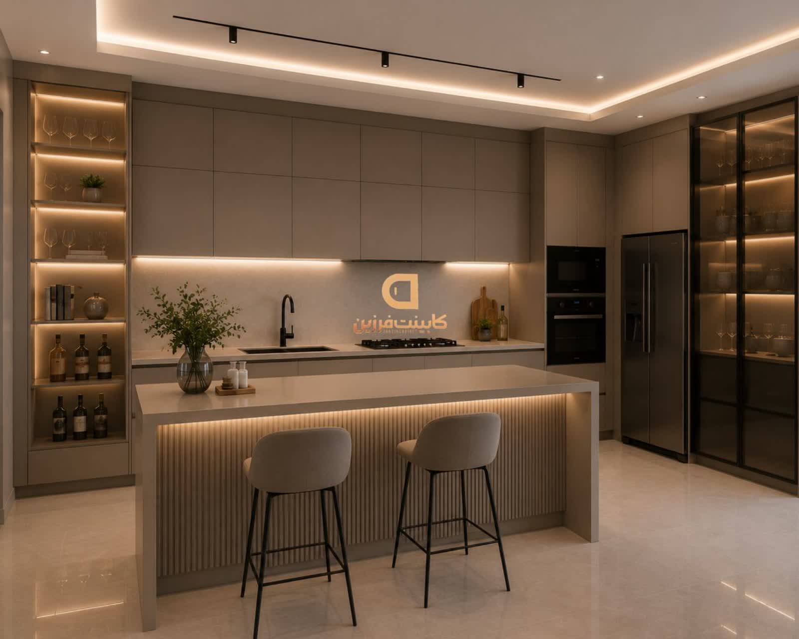 تصویر 2 پروژه کابینت طوسی مات با ترکیب چوب طبیعی