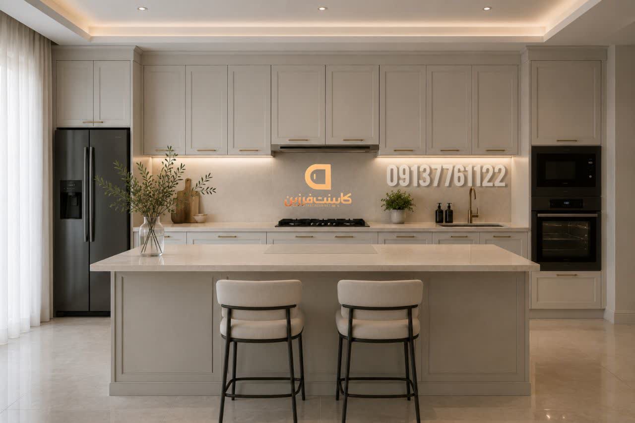 کابینت کلاسیک کرم با جزئیات طلایی — پروژه کابینت فرزین در اصفهان